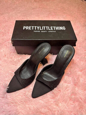 PrettyLittleThing Pu Diamante Point Toe Square Mid Heeled Mules Black UK 6/8